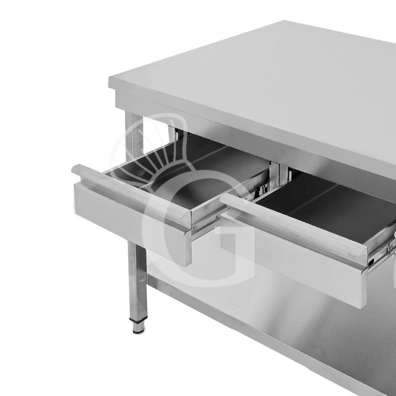 Edelstahltisch, Grundboden, 2 Schubladen, B 1200 mm X T 700 mm X H 865 mm