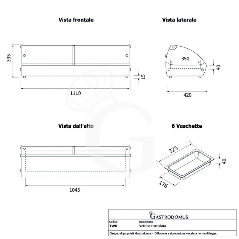 Warmhaltevitrine, Edelstahl und Glas, 6 GN1/3 Behälter (H 40 mm), B 1127 mm X T 420 mm X H 336 mmm
