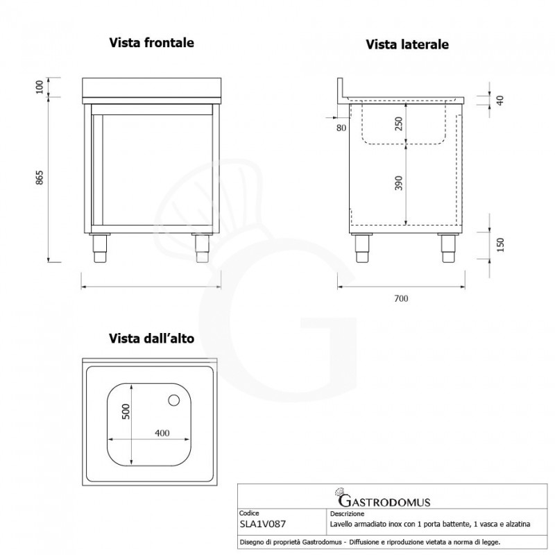 Spülschrank, Edelstahl, 1 Flügeltür, 1 Becken, Aufkantung, Hanhloch Ø 32 mm, B 800 mm x T 700 mm x H 965 mm