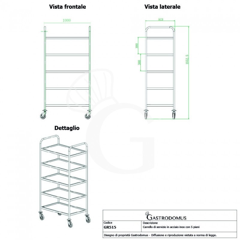 Servierwagen, Edelstahl, 5 Etagen, B 1000 mm x T 500 mm x H 1500 mm