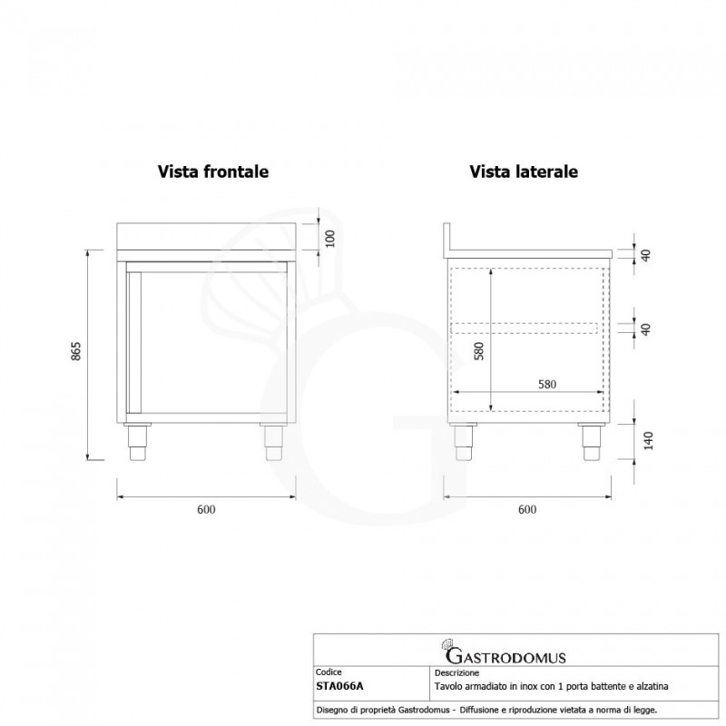 Schranktisch / Arbeitsschrank, Edelstahl, 1 Flügeltür, Aufkantung, B 600 mm x T 600 mm x H 950 mm