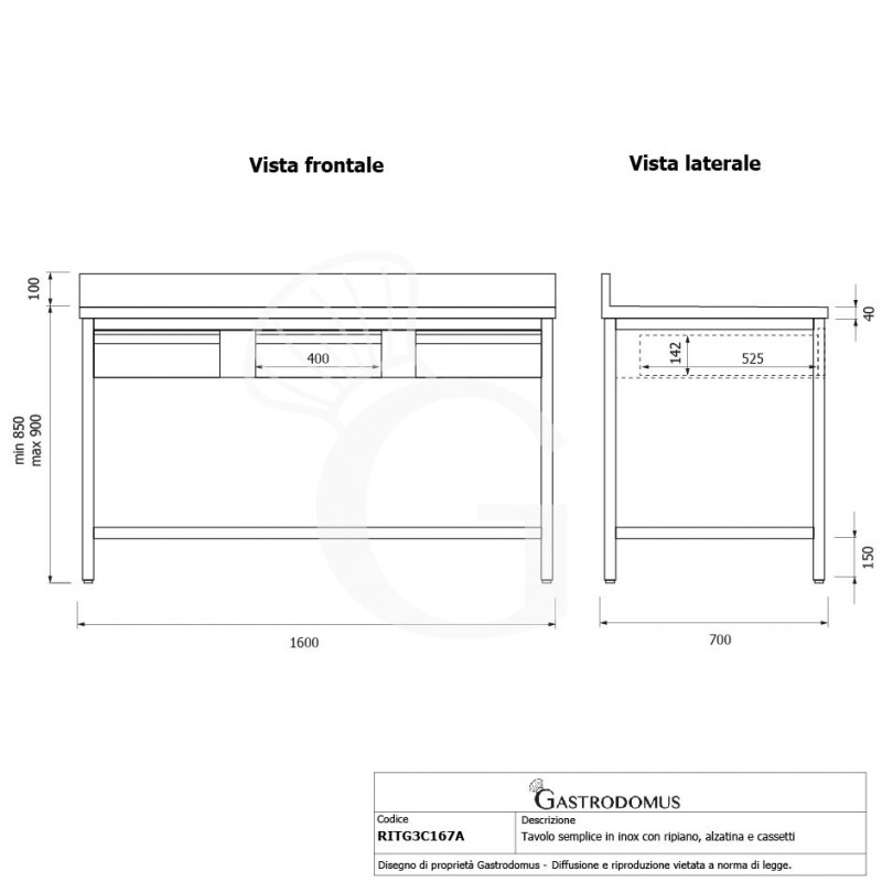 Edelstahltisch Grundboden Aufsatz 3 Schubladen B 1600 mm x T 700 mm x H 950 mm