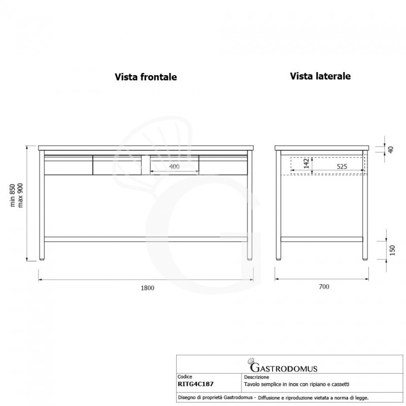 Edelstahltisch Grundboden Aufsatz 4 Schubladen B 1800 mm x T 700 mm x H 950 mm