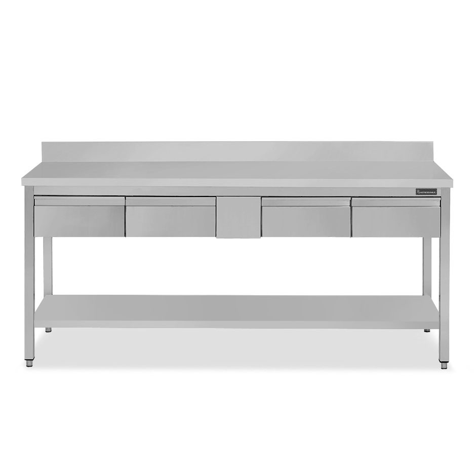 Edelstahltisch Grundboden Aufsatz 4 Schubladen B 1800 mm x T 700 mm x H 950 mm