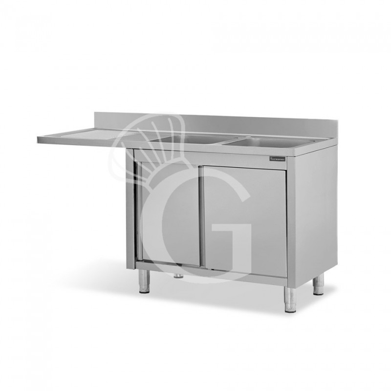 Spülmaschinen Spülschrank, Edelstahl, 2 Becken, Abtropffläche links, Schiebetüren, B 1600 mm x T 600 mm x H 950 mm