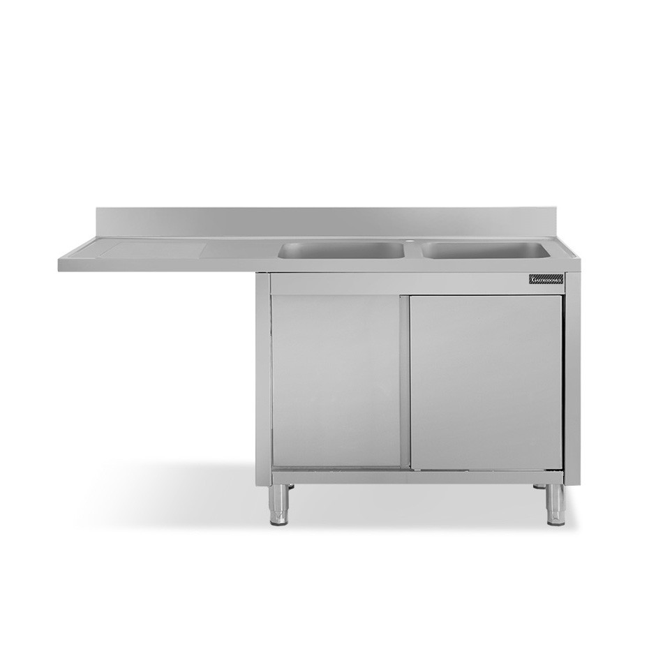 Spülmaschinen Spülschrank, Edelstahl, 2 Becken, Abtropffläche links, Schiebetüren, B 1600 mm x T 600 mm x H 950 mm