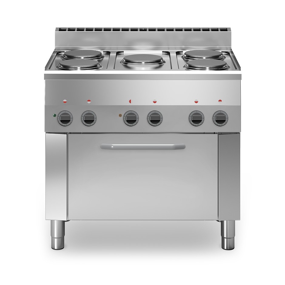 Professioneller Elektroherd mit 5 leistungsstarken Kochplatten und Elektrobackofen mit Umluft GN1/1, Tiefe 600 mm