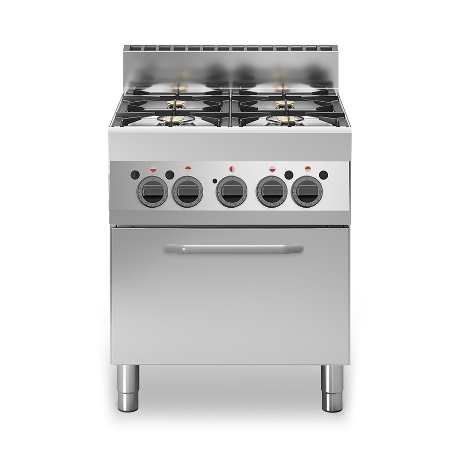 Professioneller Gasherd mit 4 Brenner und Elektrobackofen mit Umluft, Tiefe 650 mm