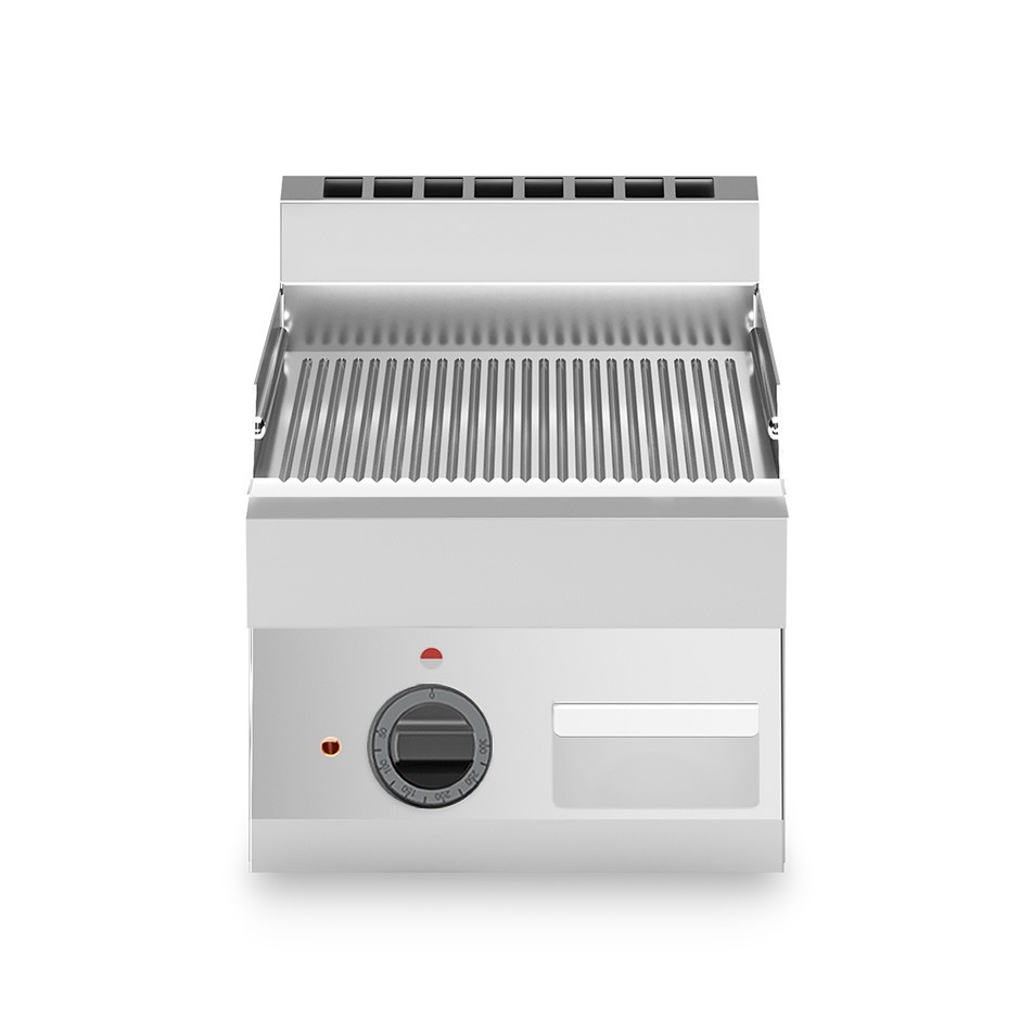 Elektro Bratplatte - gerillt, verchromt, Tischgerät, T 650 mm, 4500 W, dreiphasig