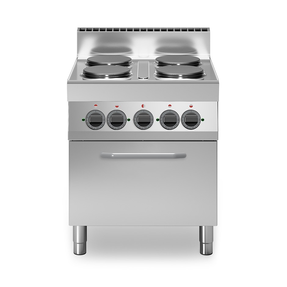 Professioneller Elektroherd mit 4 Kochplatten und Elektrobackofen mit Umluft GN1/1, Tiefe 700 mm