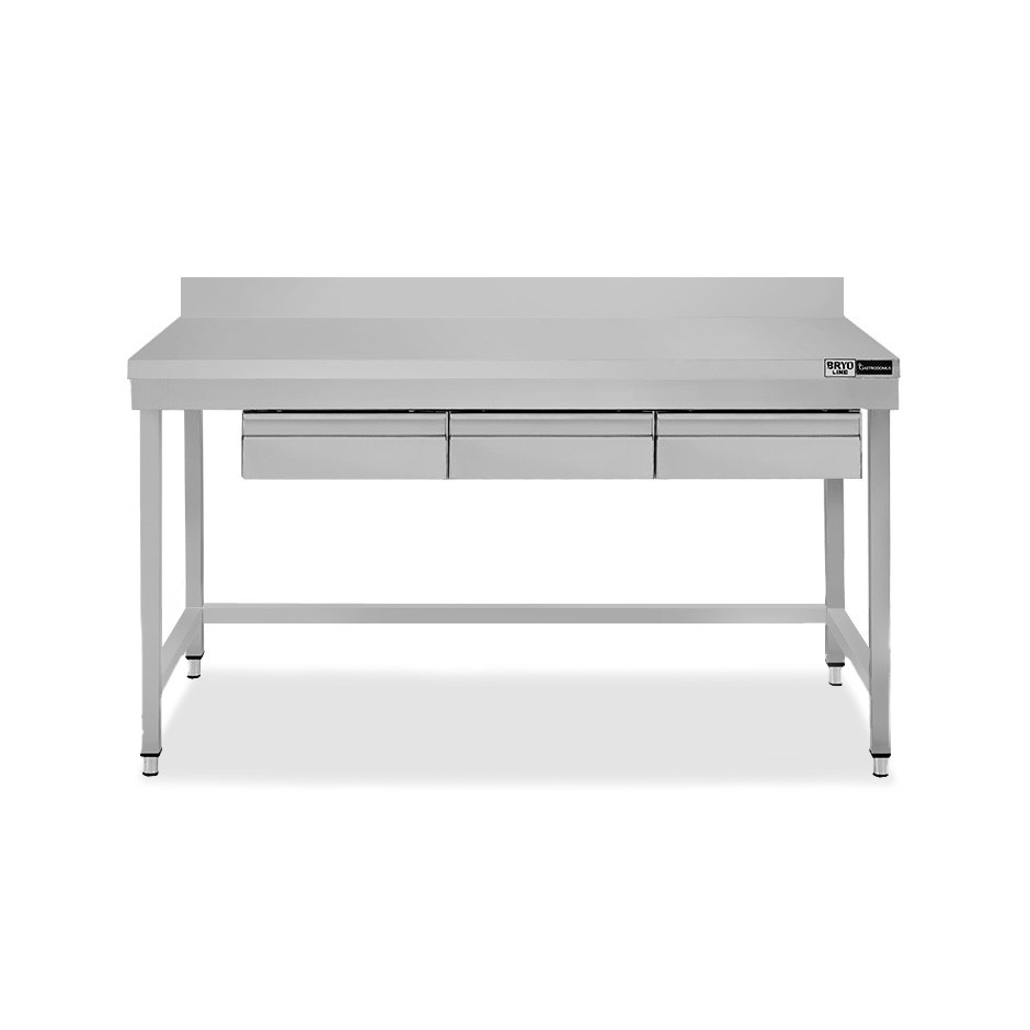 Edelstahltisch, 3 Schubladen, Aufkantung, B 1400 mm X T 600 mm X H 965 mm