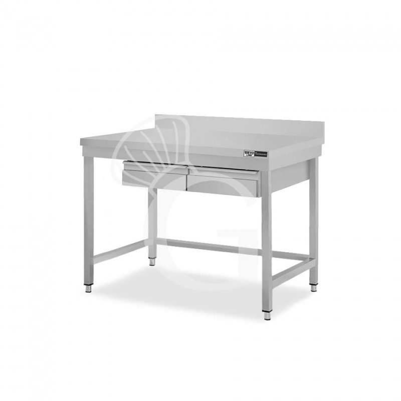 Edelstahltisch, 2 Schubladen, Aufkantung, B 1100 mm X T 800 mm X H 965 mm