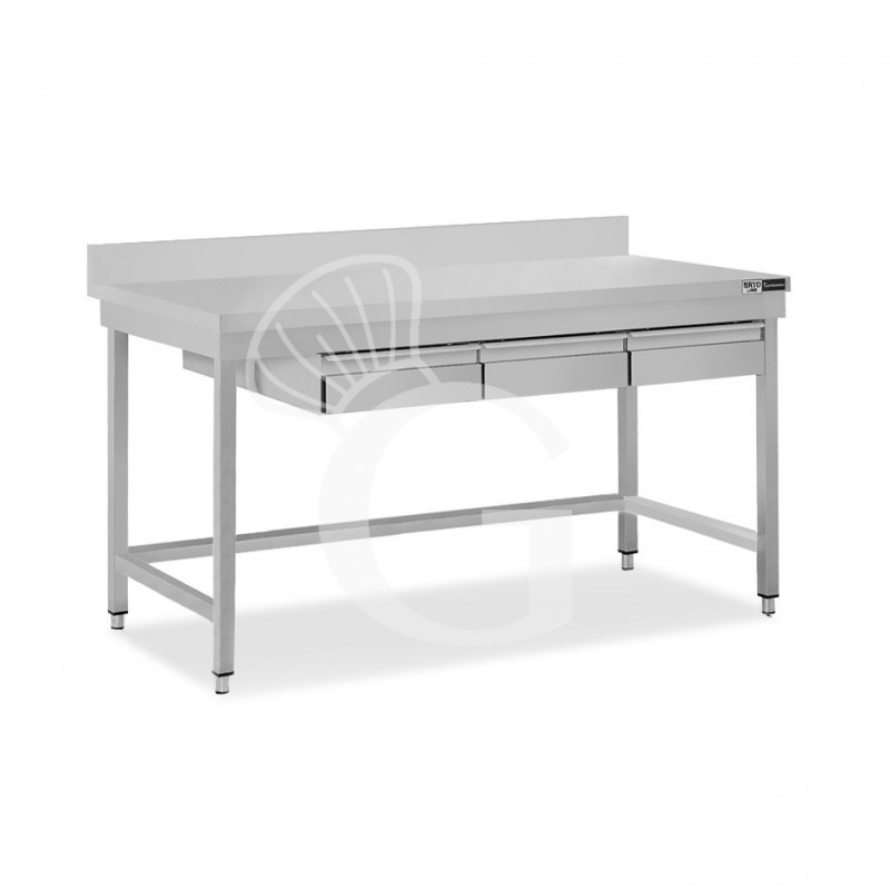 Edelstahltisch, 3 Schubladen, Aufkantung, B 1700 mm X T 800 mm X H 965 mm