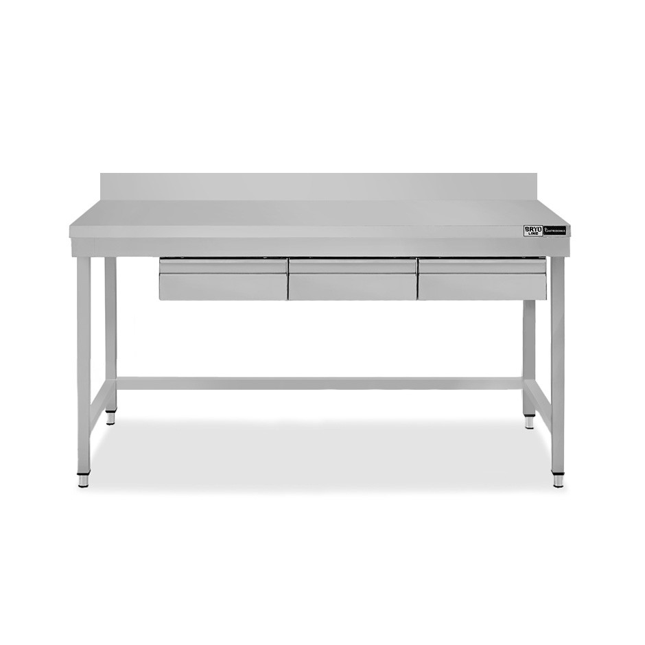 Edelstahltisch, 3 Schubladen, Aufkantung, B 1700 mm X T 800 mm X H 965 mm