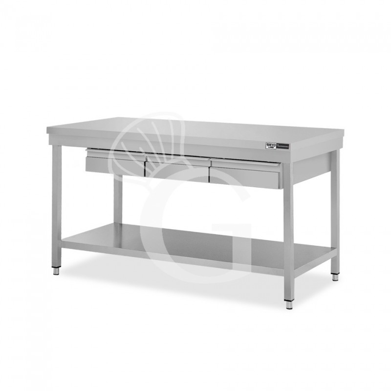 Edelstahltisch, Grundboden, 3 Schubladen, B 1400 mm X T 800 mm X H 865 mm