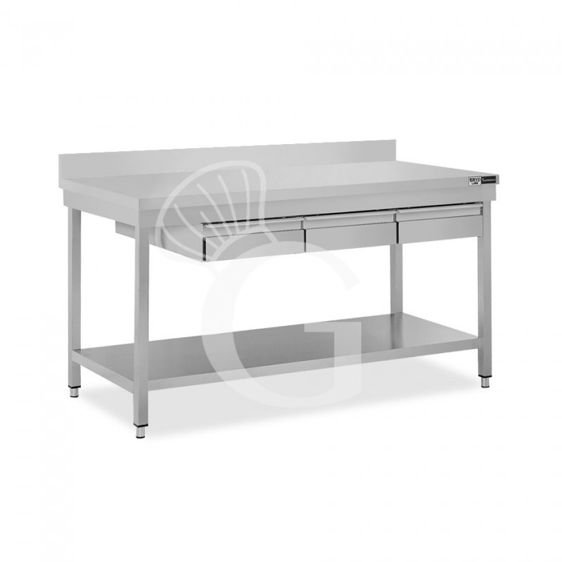 Edelstahltisch, Grundboden, Aufkantung, 3 Schubladen, B 1600 mm X T 800 mm X H 965 mm