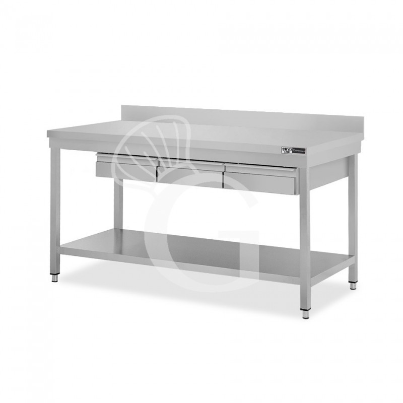 Edelstahltisch, Grundboden, Aufkantung, 3 Schubladen, B 1600 mm X T 800 mm X H 965 mm