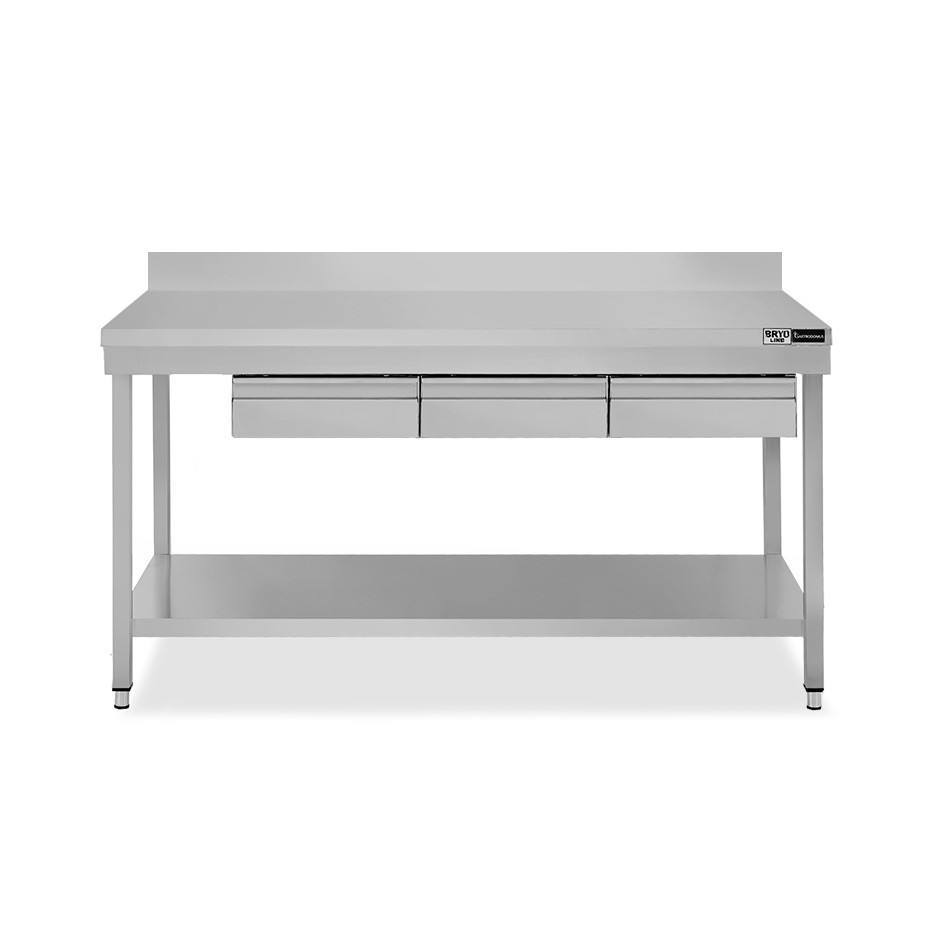Edelstahltisch, Grundboden, Aufkantung, 3 Schubladen, B 1600 mm X T 800 mm X H 965 mm