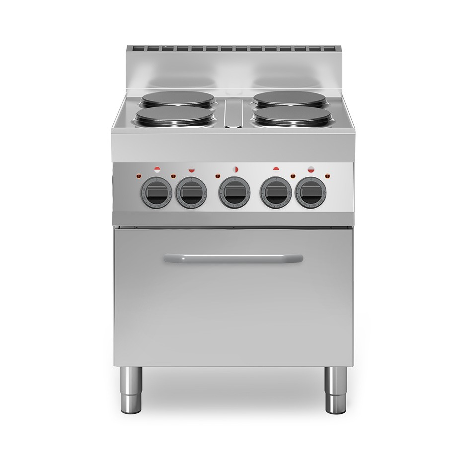 Professioneller Elektroherd mit 4 Kochplatten, Elektrobackofen mit Umluft GN1/1, Tiefe 650 mm
