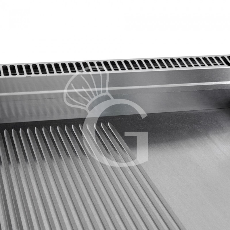 Gas Bratplatte 1/2 glatt - 1/2 gerillt, verchromt (B 700 x T 700 x 850 mm), offener Unterbau, 2 Kochzonen, 11400 W
