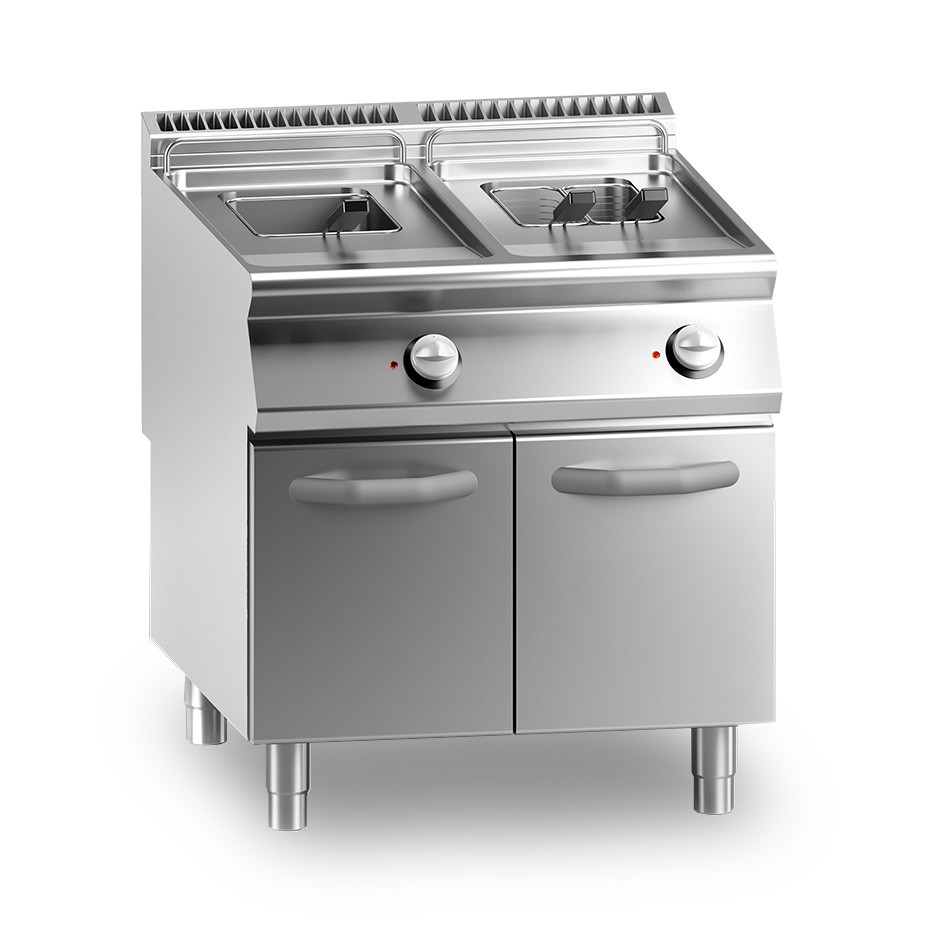 Profi Elektro-Fritteuse mit 2 Becken (2 x 15 Liter) und Schrank, Standgerät, Leistung 20,4 kW – dreiphasig