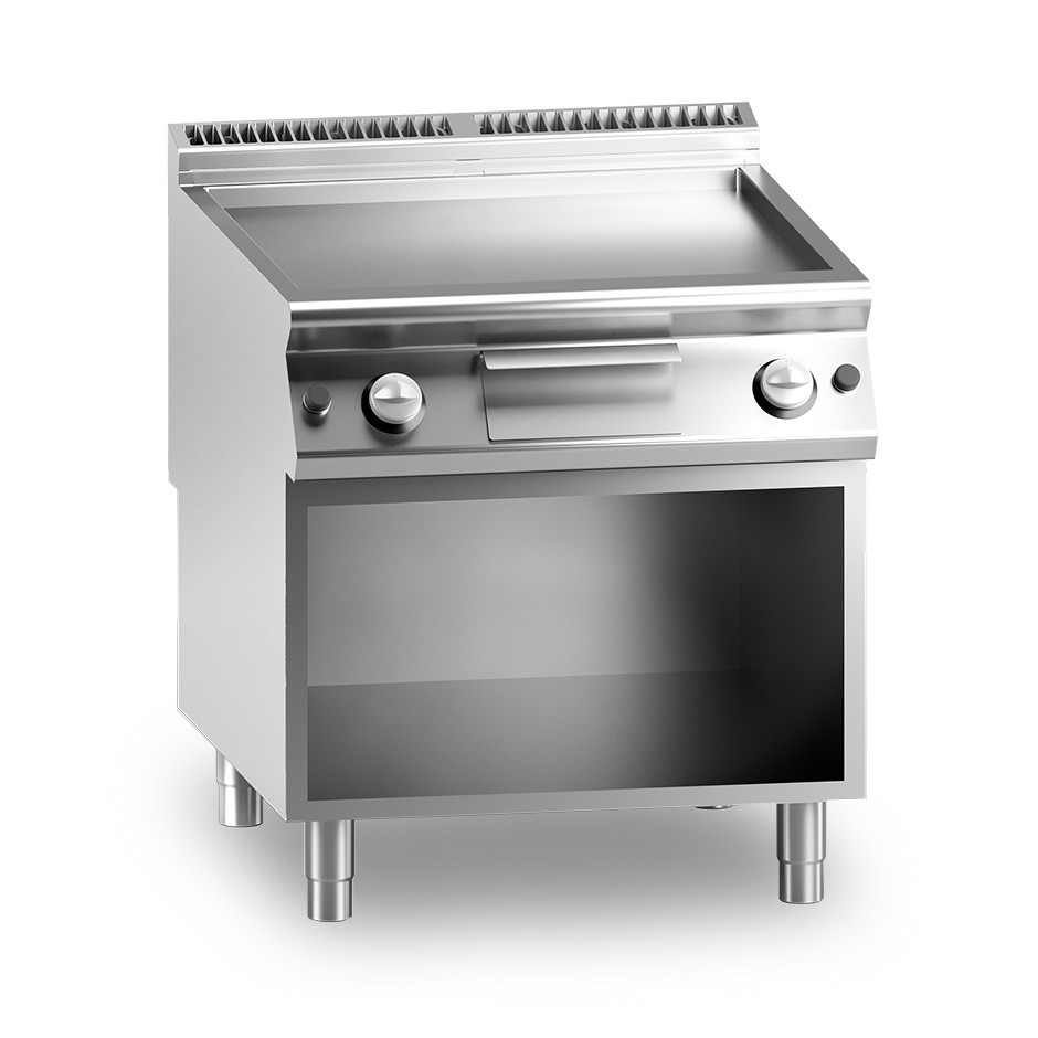 Gas Bratplatte glatt, verchromt (B 800 x T 900 x 870 mm), offener Unterbau, 2 Kochzonen, 14000 W