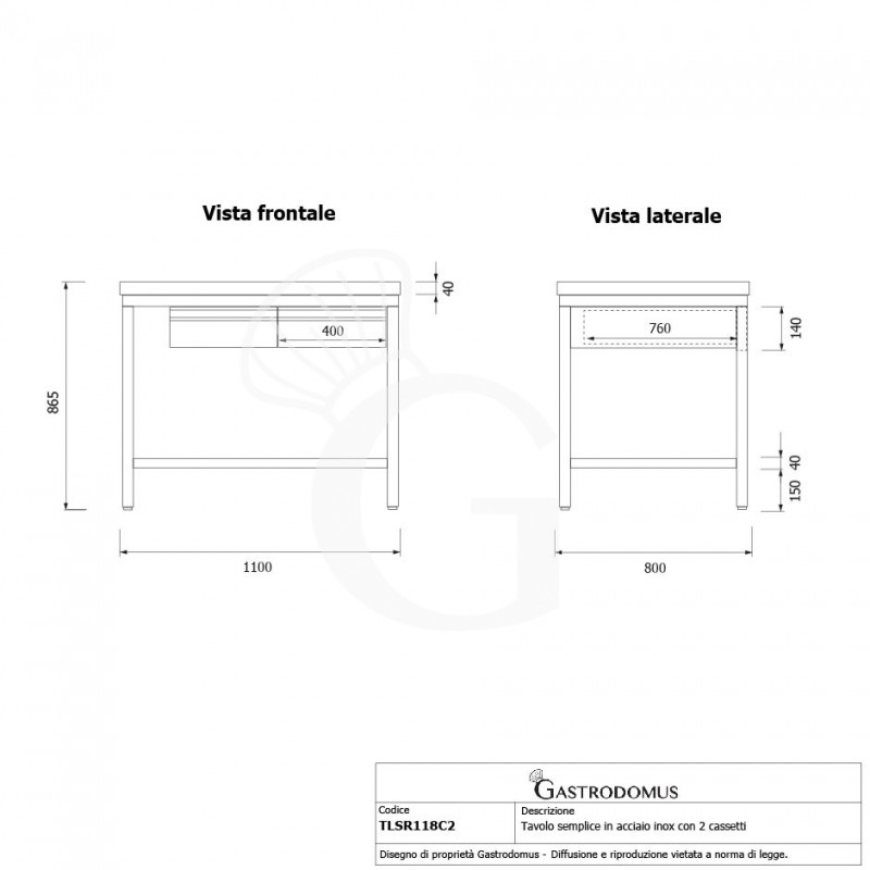Edelstahltisch, 2 Schubladen, B 1100 mm X T 800 mm X H 865 mm