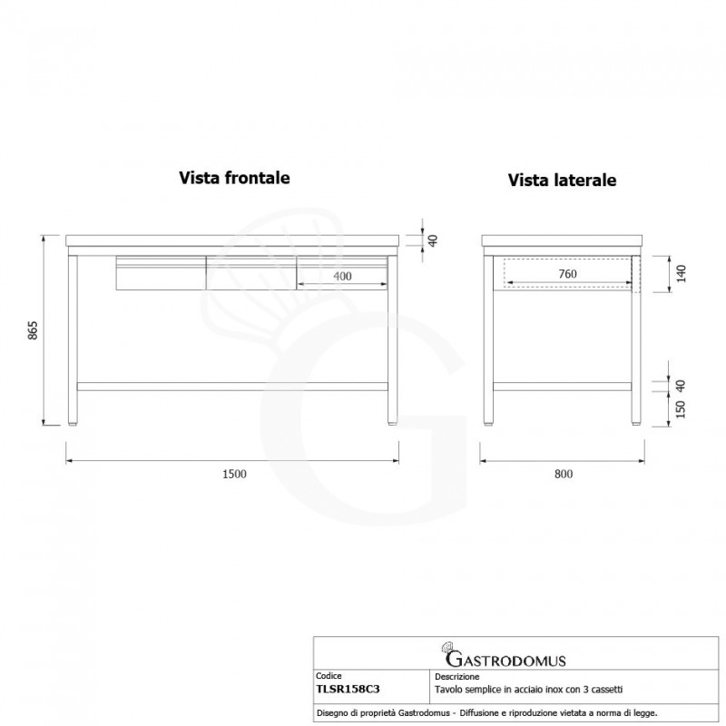 Edelstahltisch, 3 Schubladen, B 1500 mm X T 800 mm X H 865 mm