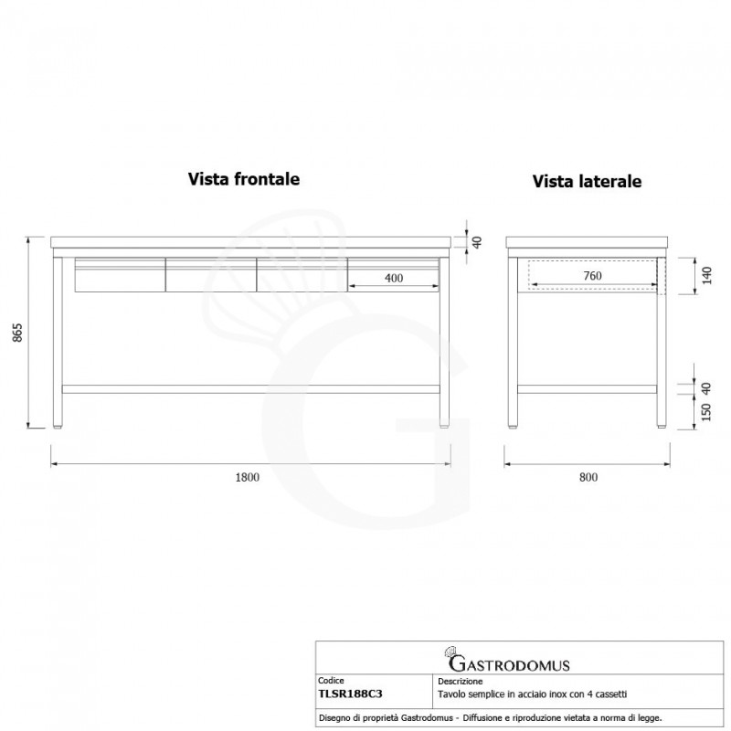 copy of Tavolo semplice in acciaio inox con 4 cassetti e misure L 1800 mm x P 800 mm x H 850 mm