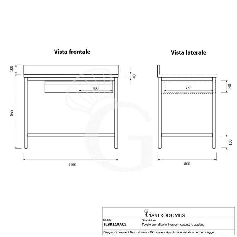 Edelstahltisch, 2 Schubladen, Aufkantung, B 1100 mm X T 800 mm X H 965 mm