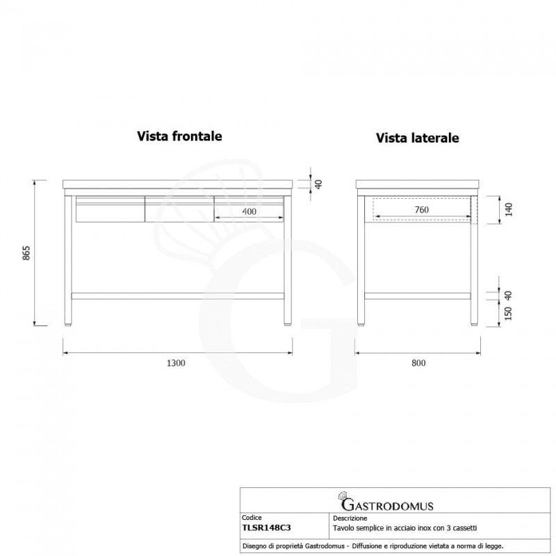 Edelstahltisch, 3 Schubladen, Aufkantung, B 1400 mm X T 800 mm X H 965 mm