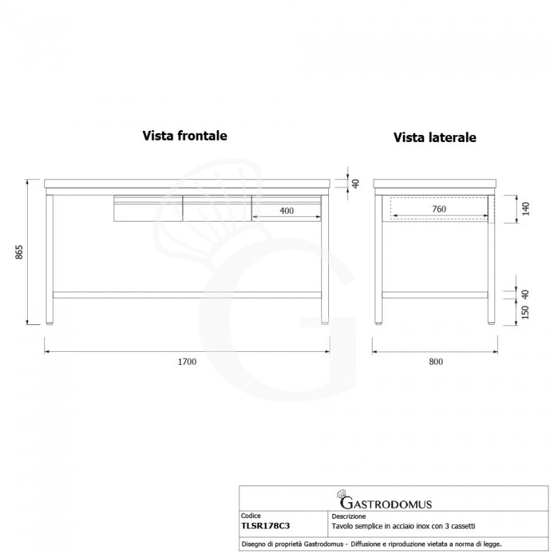 Edelstahltisch, 3 Schubladen, Aufkantung, B 1600 mm X T 800 mm X H 965 mm