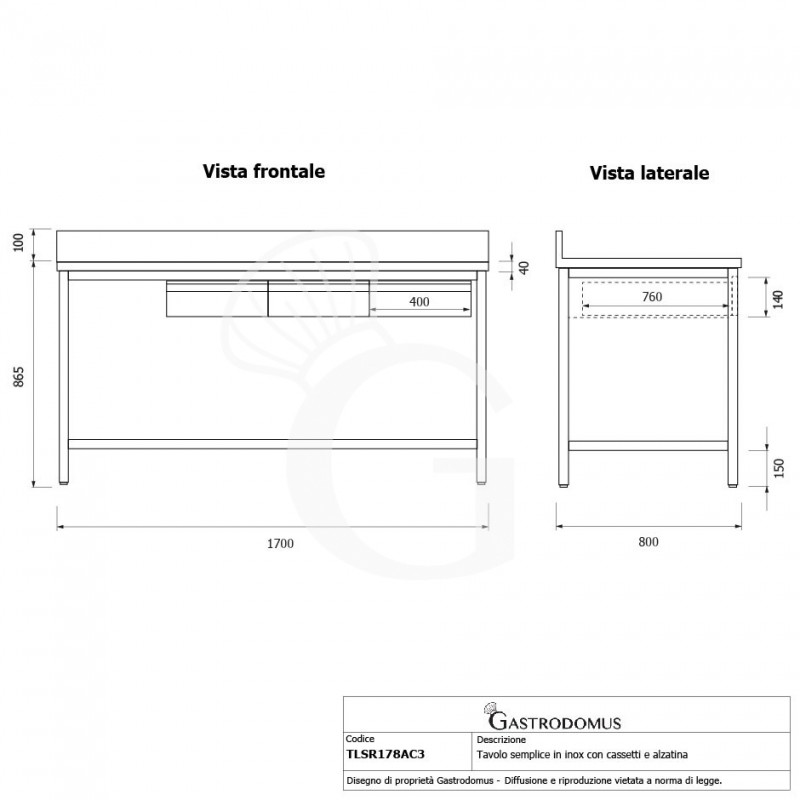 Edelstahltisch, 3 Schubladen, Aufkantung, B 1700 mm X T 800 mm X H 965 mm