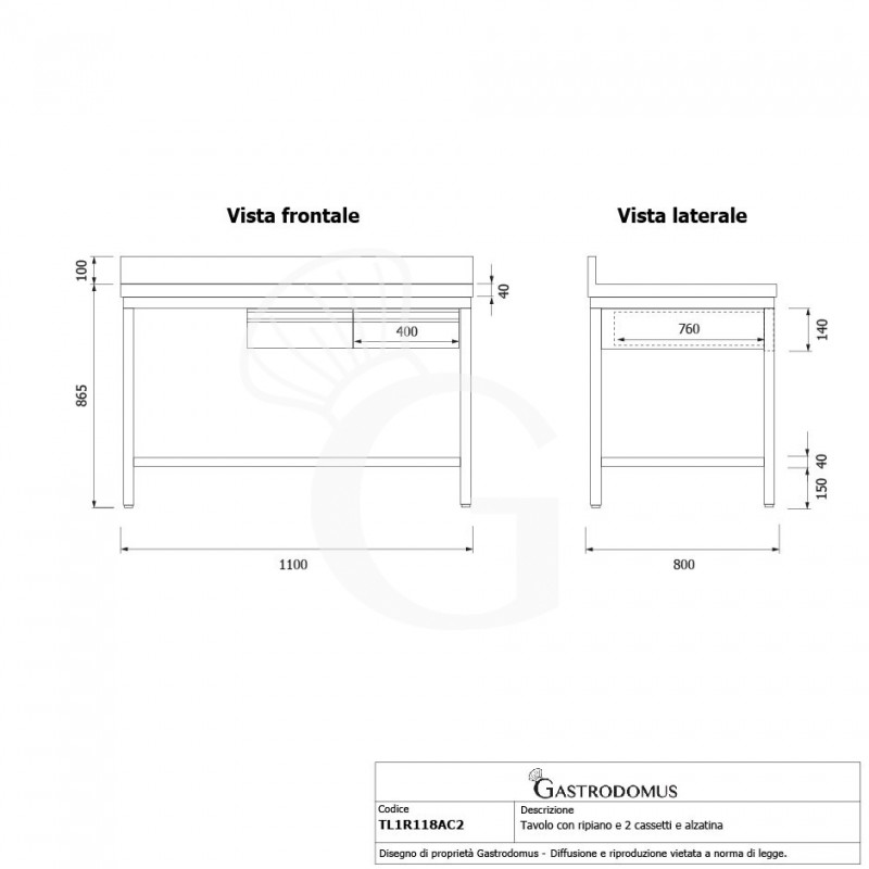 copy of Tavolo semplice in acciaio inox con piano, alzatina, 2 cassetti e L 1000 mm x P 800 mm x H 850 mm