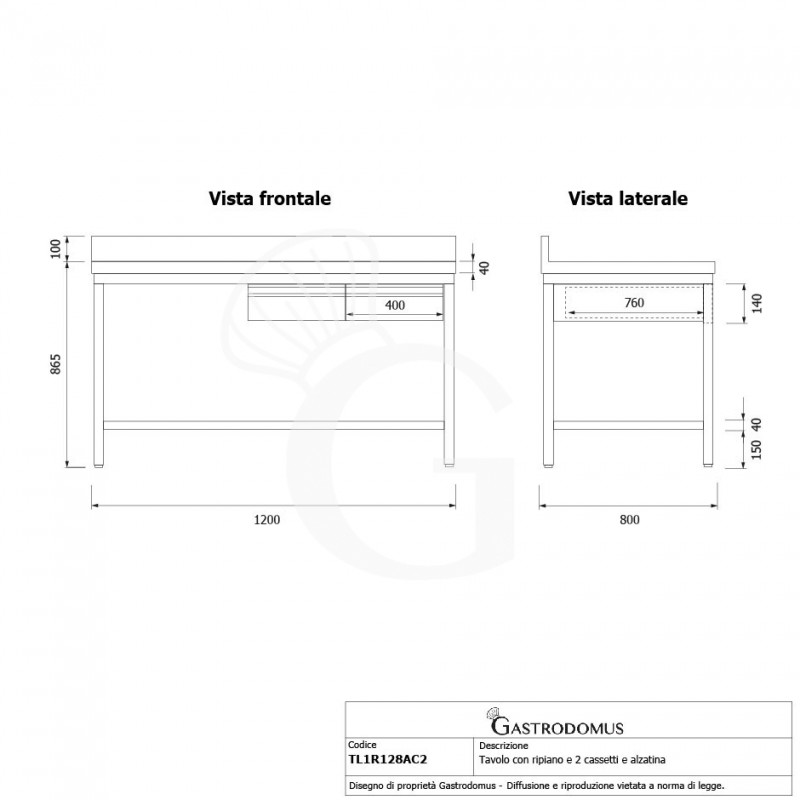 Edelstahltisch, Grundboden, Aufkantung, 2 Schubladen, B 1200 mm X T 800 mm X H 965 mm