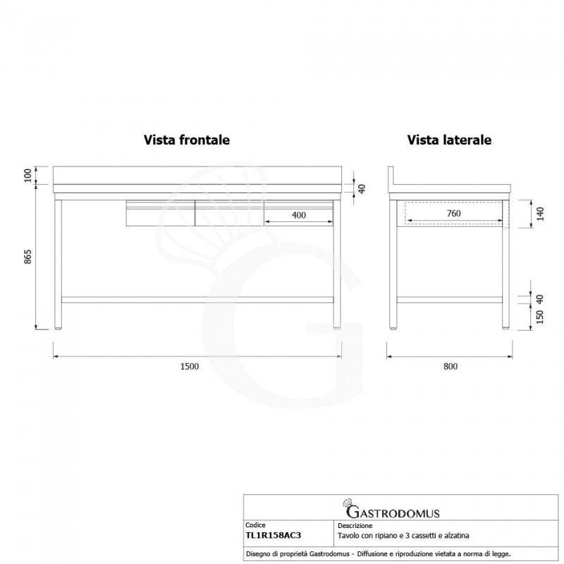 Edelstahltisch, Grundboden, Aufkantung, 3 Schubladen, B 1500 mm X T 800 mm X H 965 mm