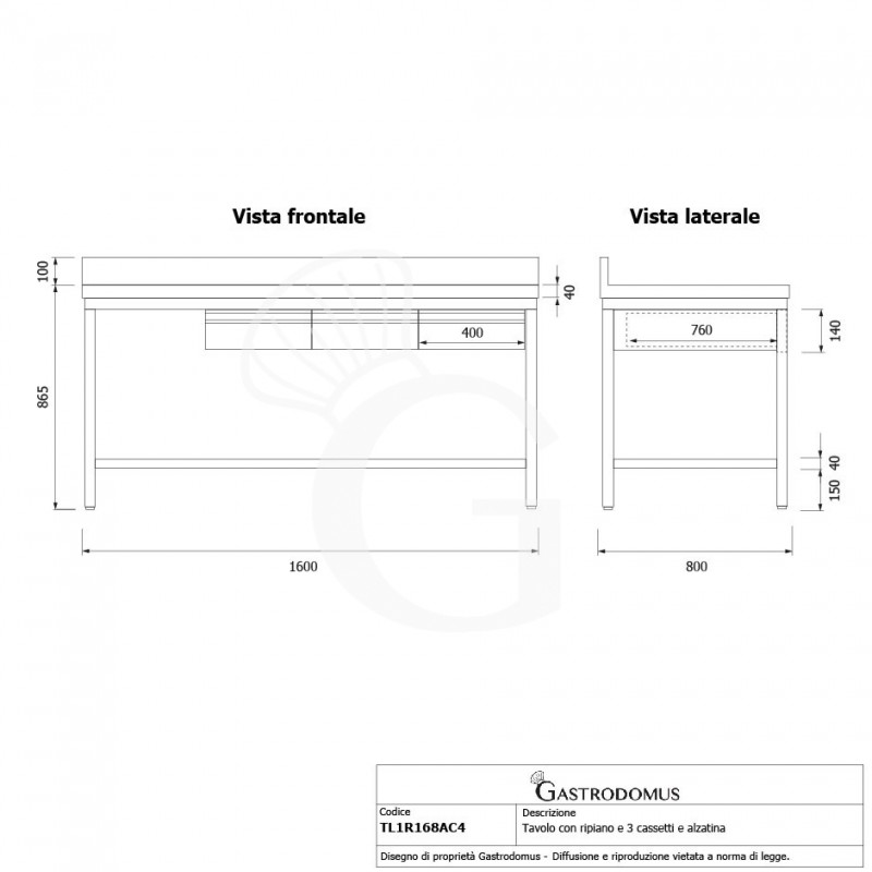 Edelstahltisch, Grundboden, Aufkantung, 3 Schubladen, B 1600 mm X T 800 mm X H 965 mm