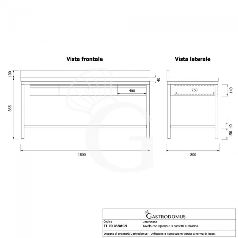 Edelstahltisch, Grundboden, Aufkantung, 4 Schubladen, B 1800 mm X T 800 mm X H 965 mm