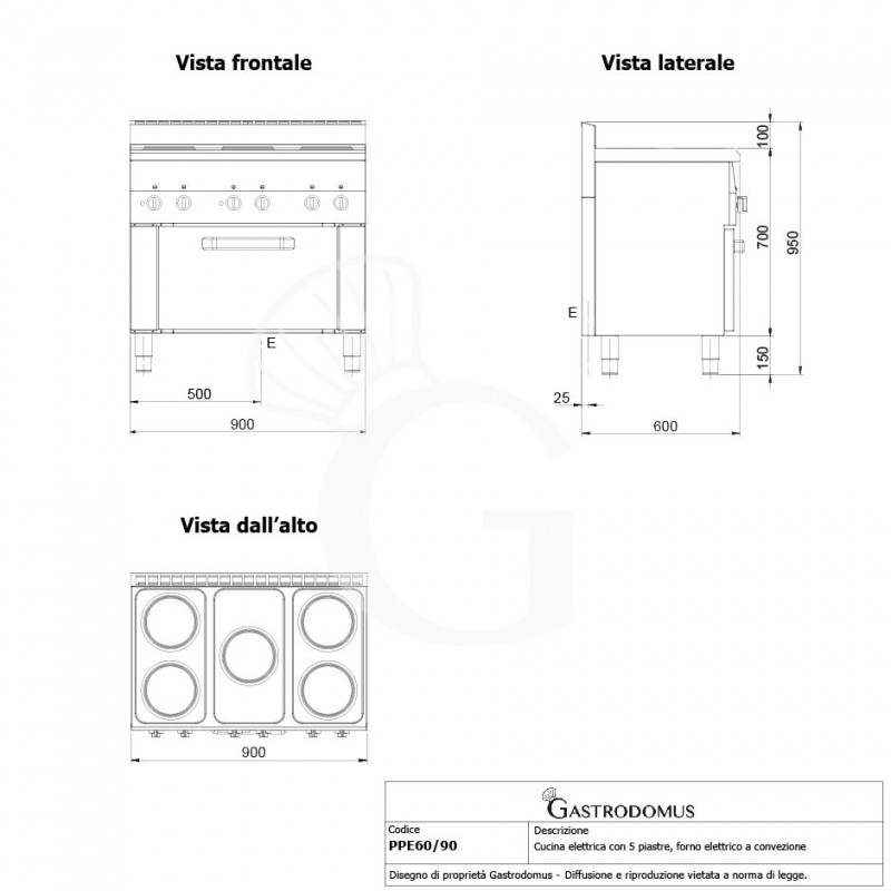 Professioneller Elektroherd mit 5 Kochplatten und Elektrobackofen mit Umluft GN1/1, Tiefe 600 mm