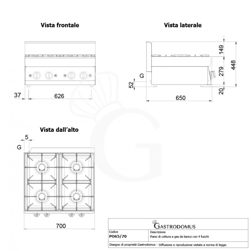 Gaskochfeld 4-flammig mit Zündbrenner, Tischgerät, Tiefe 650 mm