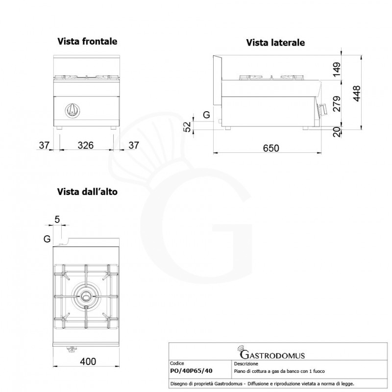 Gaskochfeld, 1-flammig , mit Zündbrenner, Tischgerät, Tiefe 650 mm