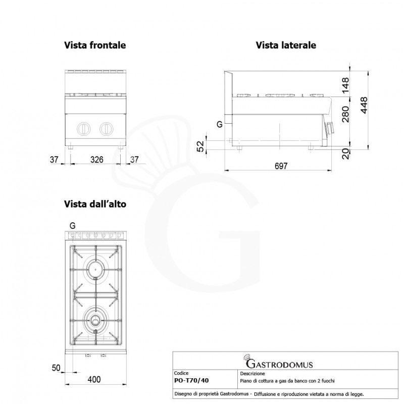 Gaskochfeld 2-flammig mit Zündbrenner, Tischgerät, Tiefe 700 mm