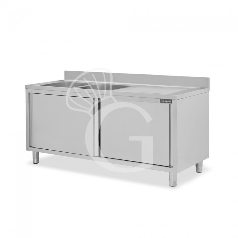 Spülschrank, Edelstahl, Schiebetüren, 2 Becken, Abtropffläche rechts, Aufkantung, B 1900 mm x T 600 mm x H 950 mm