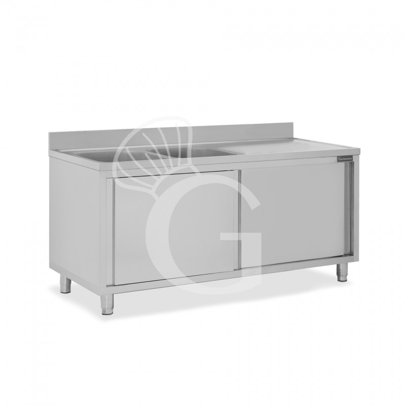 Spülschrank, Edelstahl, Schiebetüren, 2 Becken, Abtropffläche rechts, Aufkantung, B 1900 mm x T 600 mm x H 950 mm