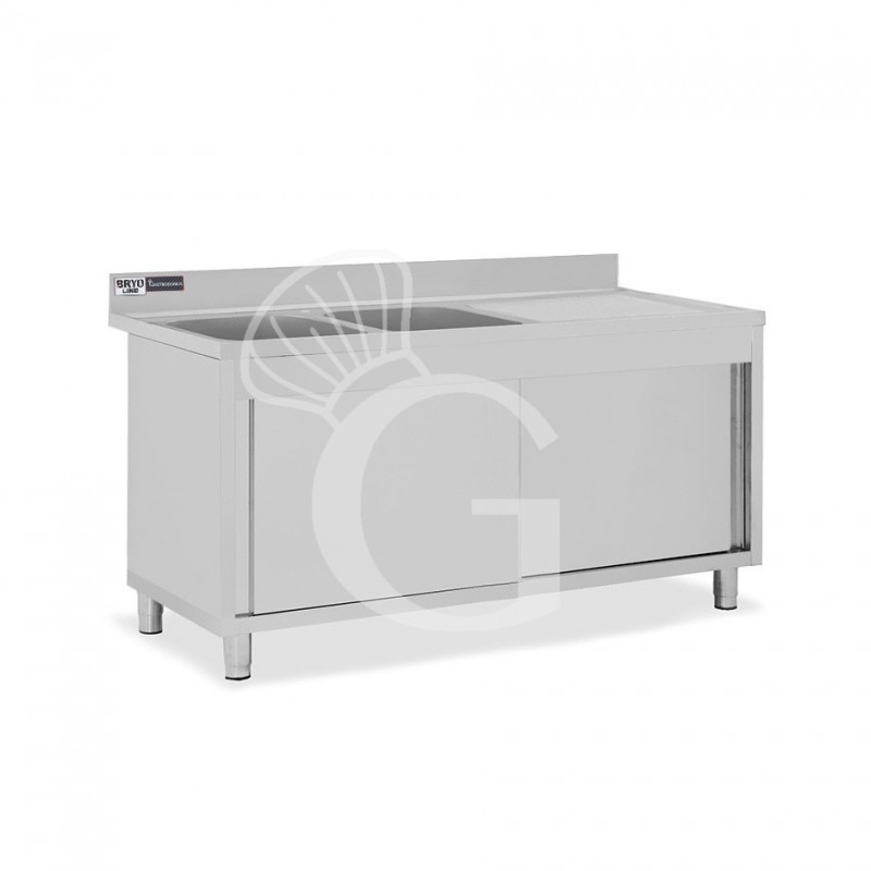 Spülschrank, Edelstahl, Schiebetüren, 2 Becken, Abtropffläche rechts, Aufkantung, B 1600 mm x T 700 mm x H 950 mm