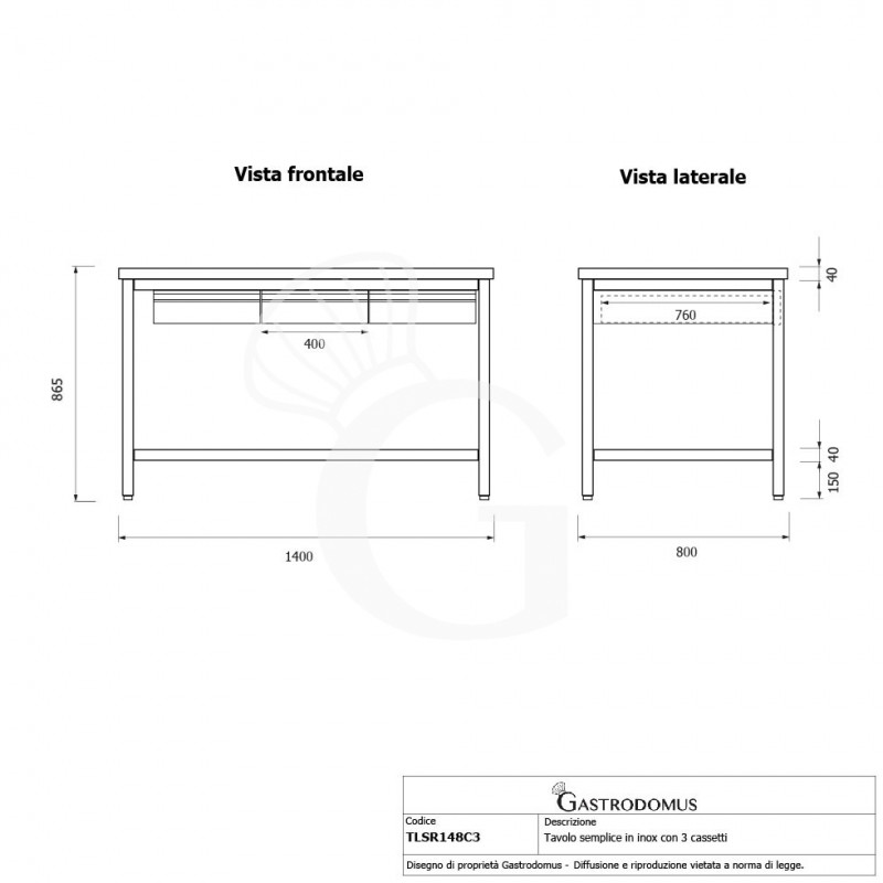 Edelstahltisch, 3 Schubladen, B 1400 mm X T 800 mm X H 865 mm