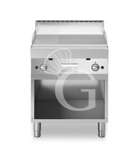 Gas Bratplatte 1/2 glatt - 1/2 gerillt, verchromt (B 700 x T 700 x 850 mm), offener Unterbau, 2 Kochzonen, 11400 W