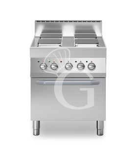 Professioneller Elektroherd mit 4 quadratischen Kochplatten und Elektrobackofen mit Umluft GN1/1, Tiefe 700 mm