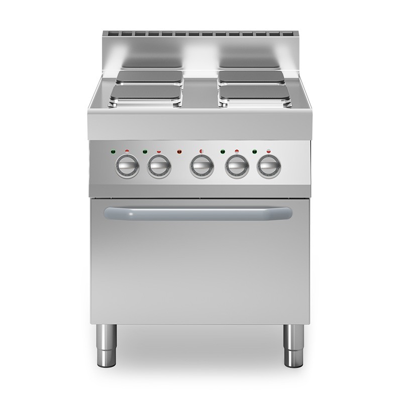 Professioneller Elektroherd mit 4 quadratischen Kochplatten und Elektrobackofen mit Umluft GN1/1, Tiefe 700 mm