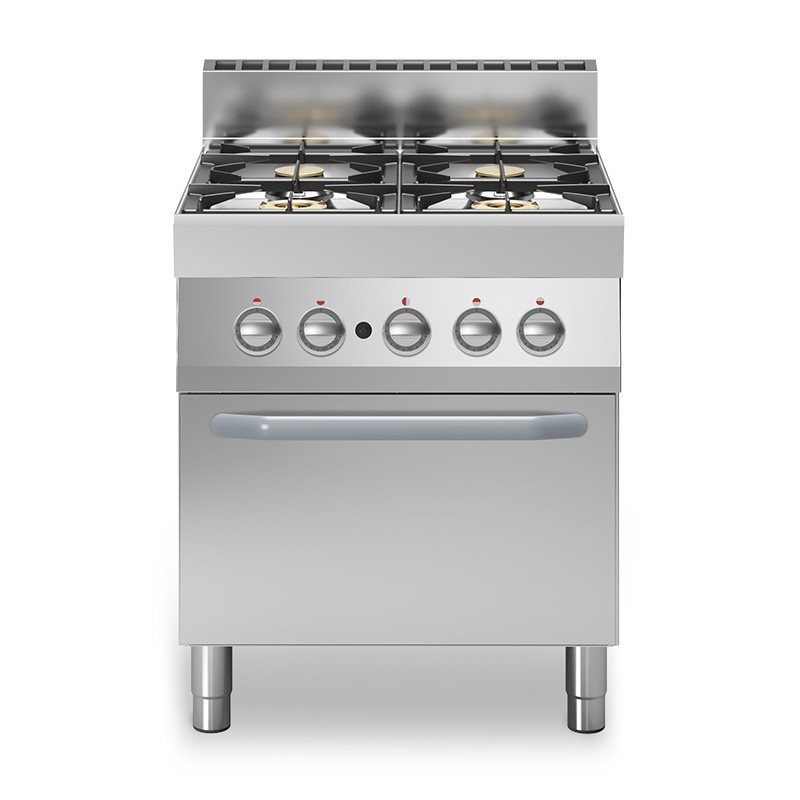 Professioneller Gasherd mit 4 Brenner und Elektrobackofen mit Umluft, Tiefe 700 mm